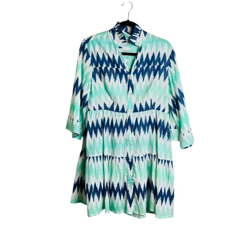 Be Boho Dress Womens Extra Small Blue Green White Ikat Print Button Tiered India